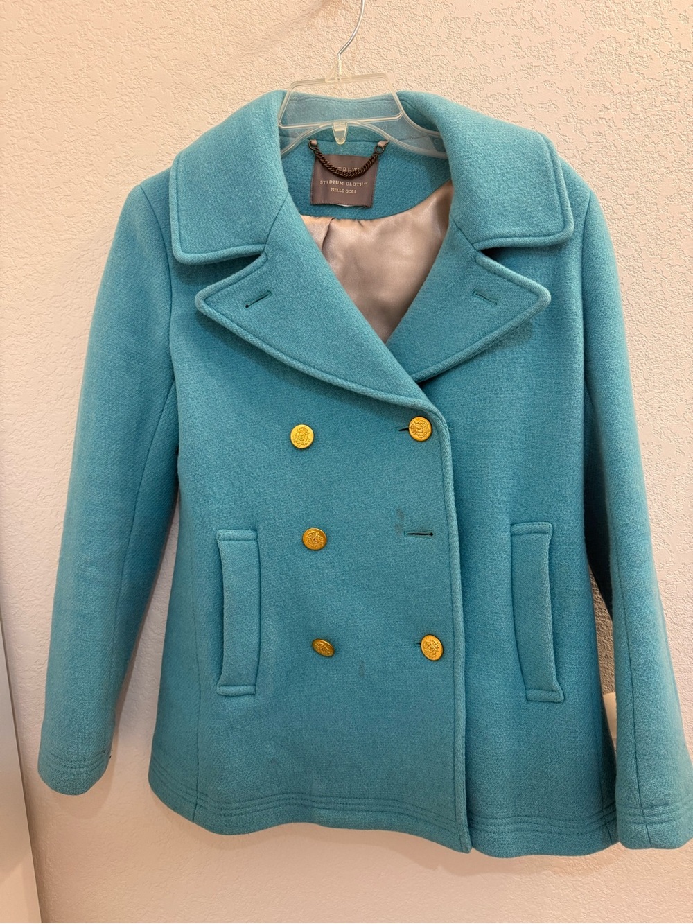 J. Crew Turquoise Double-Breasted Wool Peacoat with Gold Buttons - Size 2